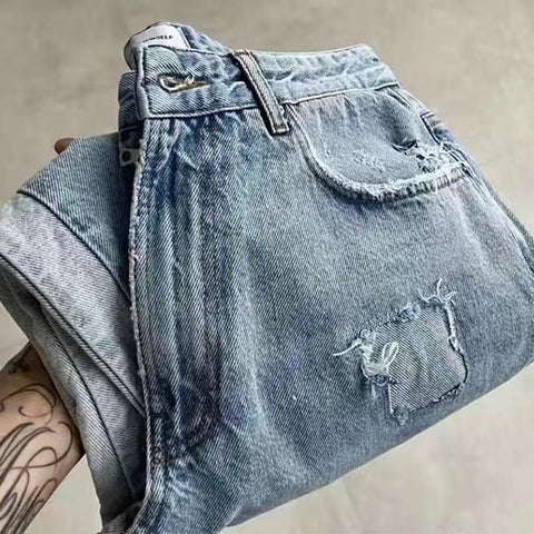 Distressed Splice Edged Denim Pants Casual Loose-MF00522-Veeddydropshipping