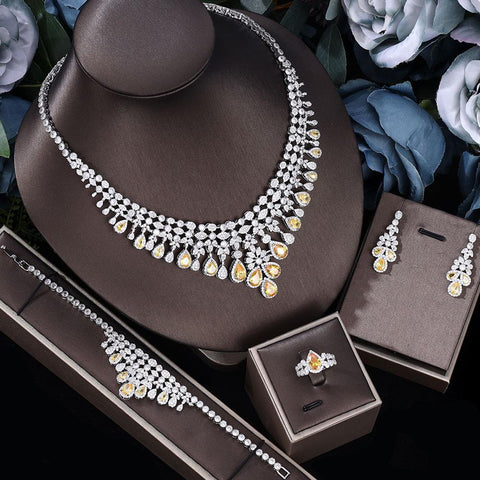 Tassel Water Drop Big Wedding Bridal Necklace Earrings 4 Pieces -JW00295-Veeddydropshipping