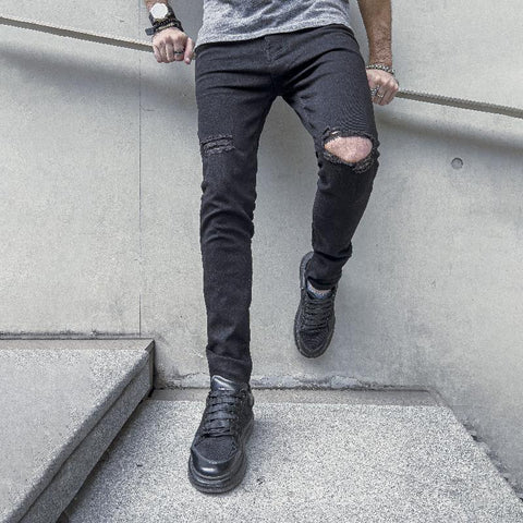 Ripped Slim Pencil Jeans Pants Male Fashion Solid Hip-MF00576-Veeddydropshipping