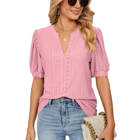 Hollow Out V Neck T-Shirt Women Puffy Sleeve-Veeddydropshipping