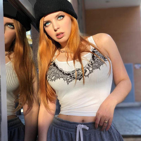Women Sexy Gothic Punk Style Print White Tank Tops Slim-Veeddydropshipping