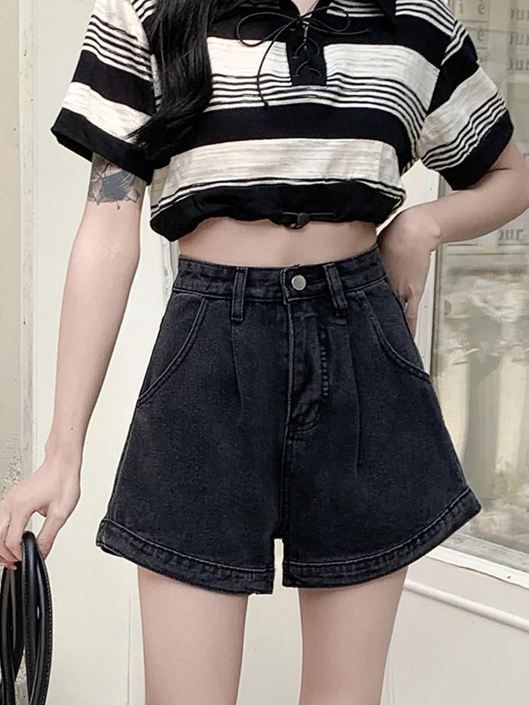 Wide Leg Button Denim Shorts High Waist Jeans-WF00097-Veeddydropshipping