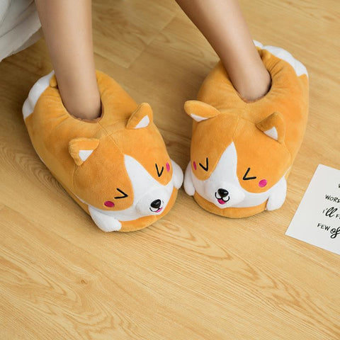Double Shiba Inu Warm Plush Corgi Slippers Home Slip-BS01194-Veeddydropshipping