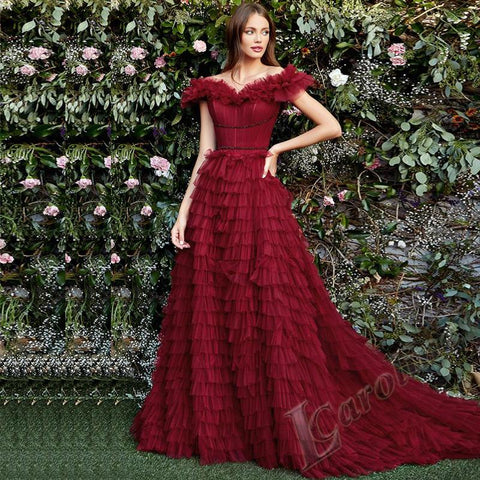 Off Shoulder Evening Dress V-neck Tiered Gelitter-WF01588-Veeddydropshipping