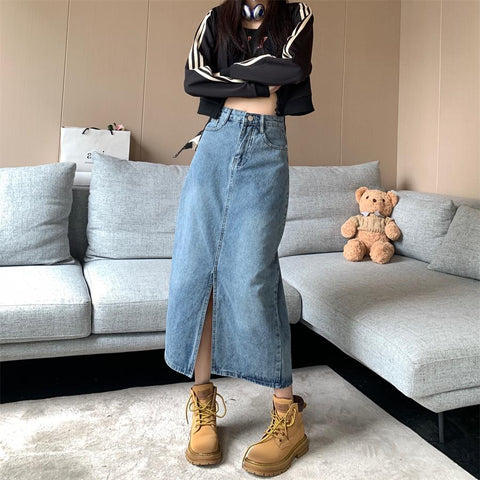 Vintage High Waist Slit Denim Skirt Women-WF00405-Veeddydropshipping