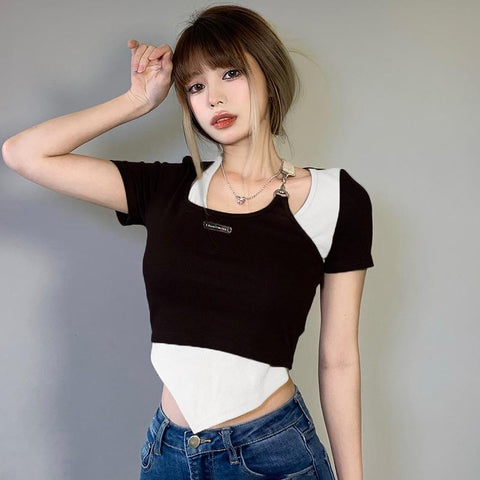 Women Contrast Color Irregular Halter Neck Slim Short T-Shirt-Veeddydropshipping