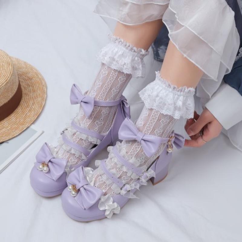 Mary Jane Lace Metal Buckle Girls High Heel Bow Princess-BS00882-Veeddydropshipping