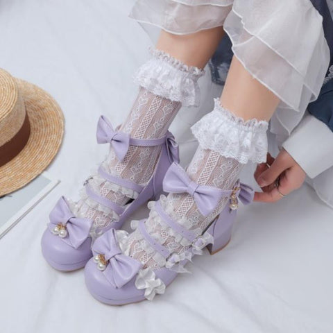 Mary Jane Lace Metal Buckle Girls High Heel Bow Princess-BS00882-Veeddydropshipping