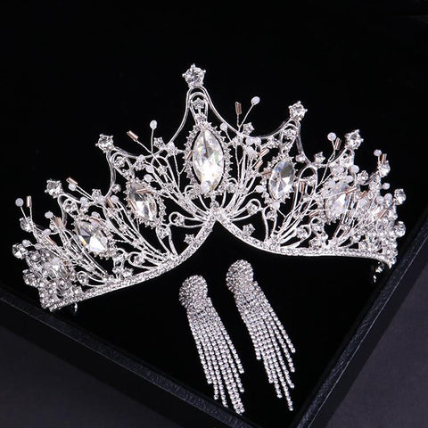 Crystal Bridal  Crown With Earrings Hair Accessories  -JW00513-Veeddydropshipping