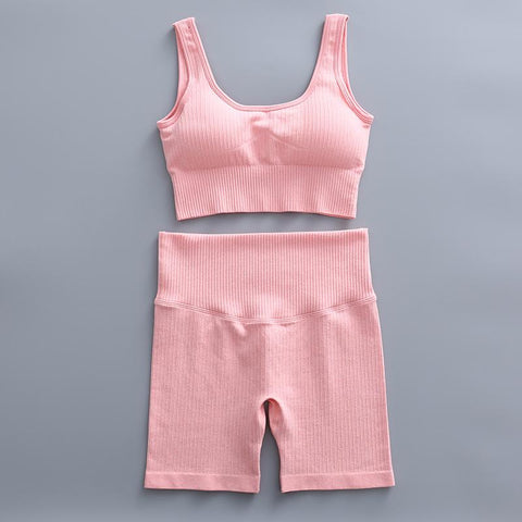 2 Piece Yoga Set Gym Clothing Women&#39;s Threaded Tracksuit Crop Top Bra High -OS00630-Veeddydropshipping