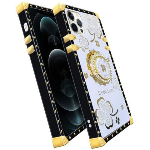 For iPhone 13 14 12 11 XS XR 7 8 Bling Glitter Lucky Flower Square Case + Ring-PA00171-Veeddydropshipping