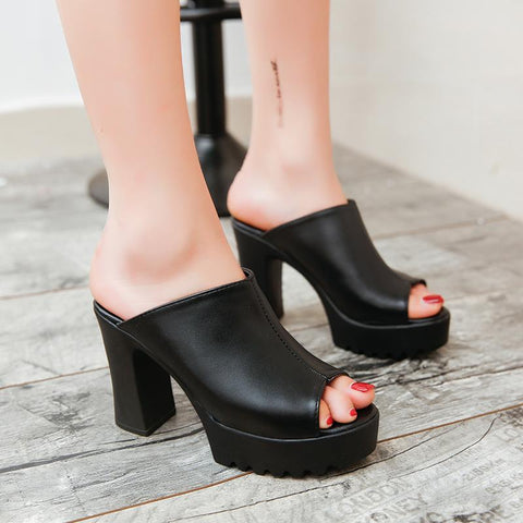 Toe Platform Mules Ladies Leather Sole Slippers Femal-BS01146-Veeddydropshipping
