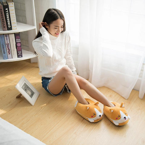Double Shiba Inu Warm Plush Corgi Slippers Home Slip-BS01194-Veeddydropshipping