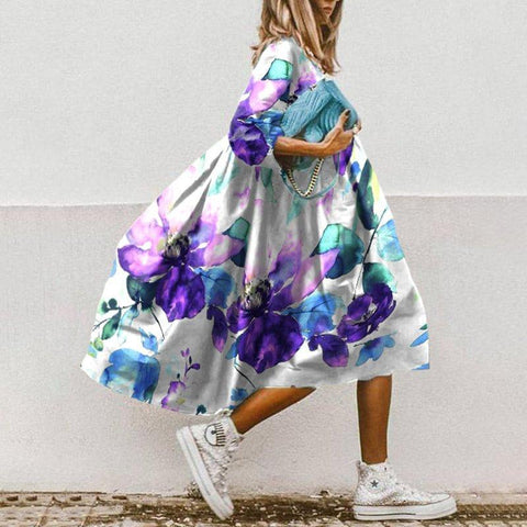 O Neck Half Sleeve Floral Printed  A-Line Dresses-WF00093-Veeddydropshipping