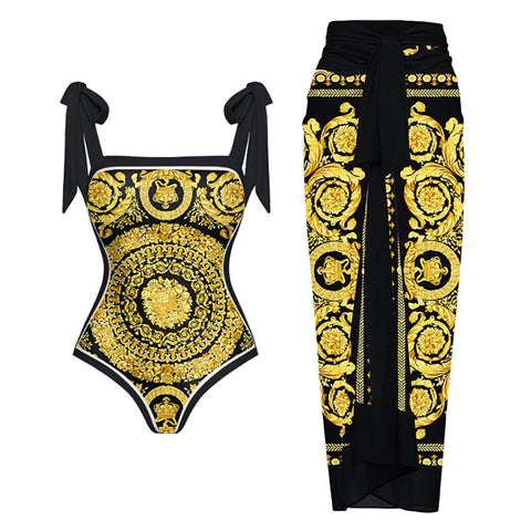 Gold Double-sided Printed Bikini One-piece Strap Sexy Waist Swimsuit Independent-OS00025-Veeddydropshipping