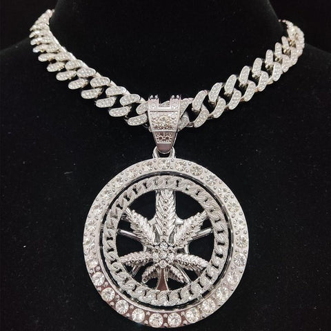 Men Hip hop Iced out Bling Rotatable Maple Leaf Pendant Necklace  -JW00270-Veeddydropshipping