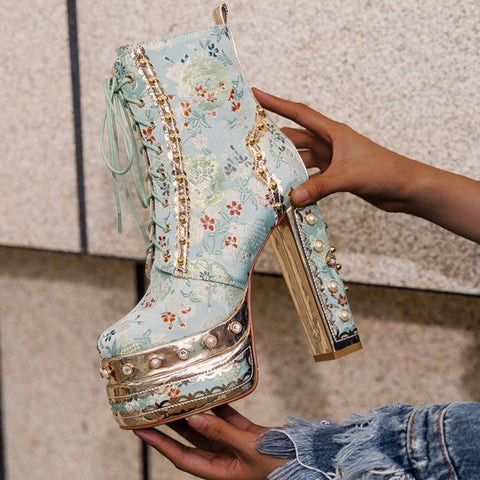 Lace Up Embroidered Party Shoes Luxury Pump-BS01030-Veeddydropshipping