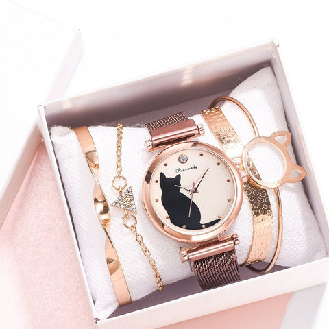 Fashion Watch Set 5pcs Quartz Wristwatch Mesh Bracelet Cat-JW00930-Veeddydropshipping