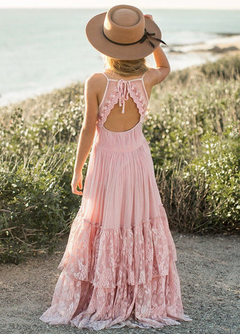 New Girl Lace Chiffon Backless Long Dress Wedding Flower Girl Fashion-TB00835-Veeddydropshipping