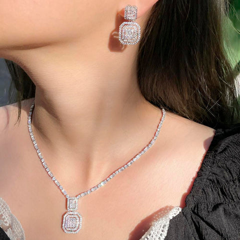 Geometric Square  Shiny Cubic Zirconia Crystal Fashion Jewelry Set  -JW00356-Veeddydropshipping