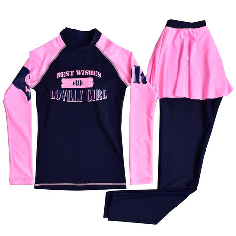 Teenager girl rashguard swimsuit long sleeve padded shirt pants with skirt -OS00073-Veeddydropshipping