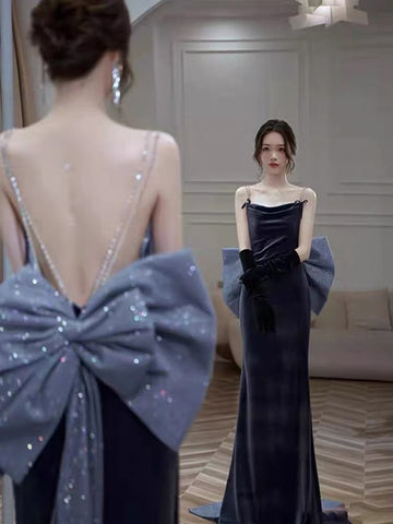 Velvet Prom Evening Dress Mermaid Strap Sleeveless-Veeddydropshipping