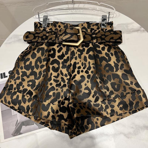 High Waist Metal Belt Leopard Shorts Women-WF00515-Veeddydropshipping