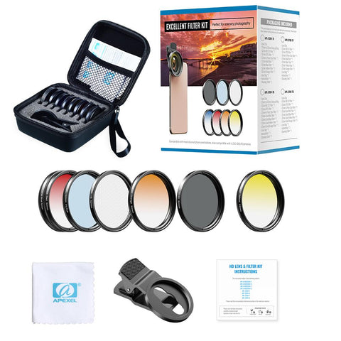APEXEL 7 in 1 lens kit 0.45x wide+52mm UV Grad Blue Red Color-PA01224-Veeddydropshipping