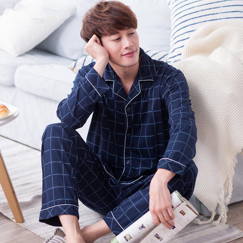 Cotton Pajama Sets for Men Short Sleeve Long Pants Sleepwear Pyjama-MF01591-Veeddydropshipping