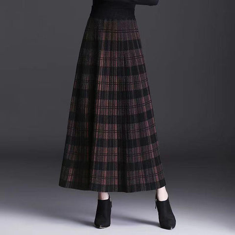 Long Skirts for Women Fashion Knitted  Plaid Skirts-WF00511-Veeddydropshipping