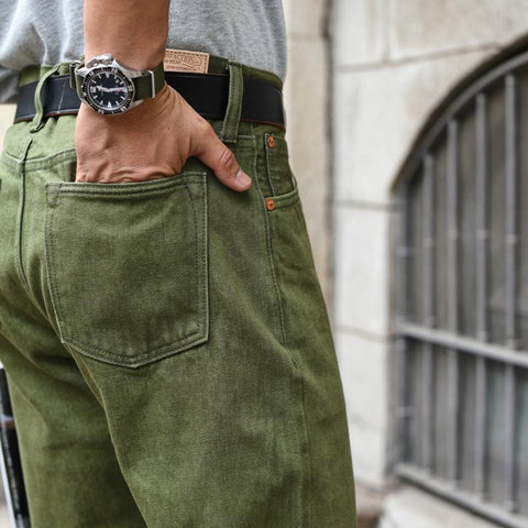 Saucezhan Men Jeans Vulcanization Olive Green 107 Selvedge Denim-TB01283-Veeddydropshipping