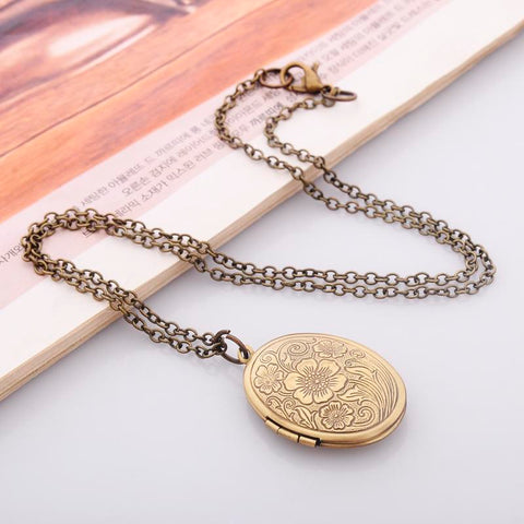 Flower Stripe Locket Pendant Necklace Vintage jewelry-JW01196-Veeddydropshipping