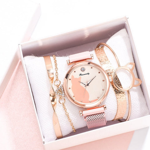 Fashion Watch Set 5pcs Quartz Wristwatch Mesh Bracelet Cat-JW00930-Veeddydropshipping