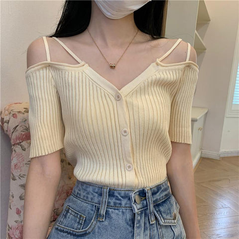 Summer Off Shoulder V Neck Kintted Woman T-shirts-Veeddydropshipping
