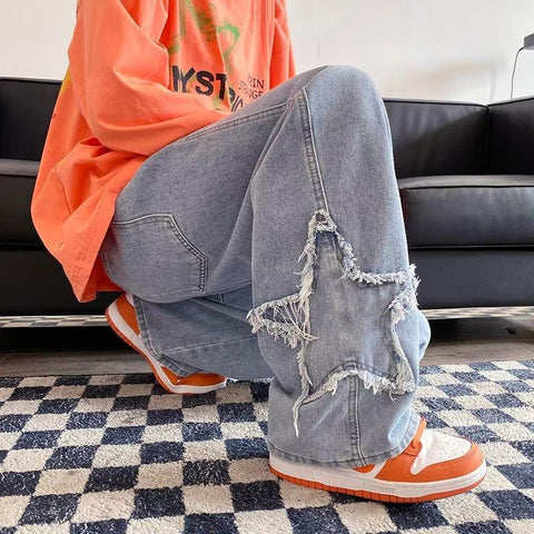 Jeans Men Retro Washed Patch Loose Wide Leg Pants-MF00612-Veeddydropshipping