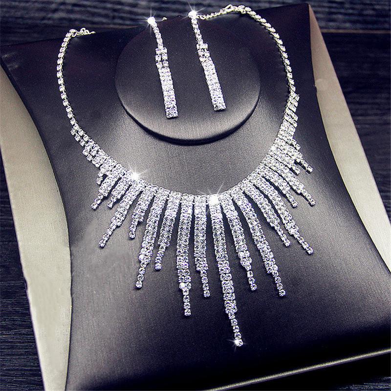 Shine Geometric Rhinestone Necklace Earrings Tassel Jewelry Sets  -JW00298-Veeddydropshipping