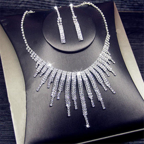 Shine Geometric Rhinestone Necklace Earrings Tassel Jewelry Sets  -JW00298-Veeddydropshipping