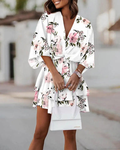 Fashion Printing Sexy V-neck Loose Bat Sleeve Dress-WF00060-Veeddydropshipping