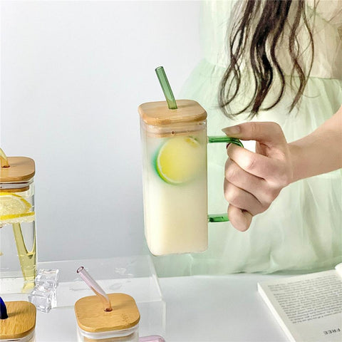 Square Glass Cup With Bamboo Lid and Straw-HA01286-Veeddydropshipping
