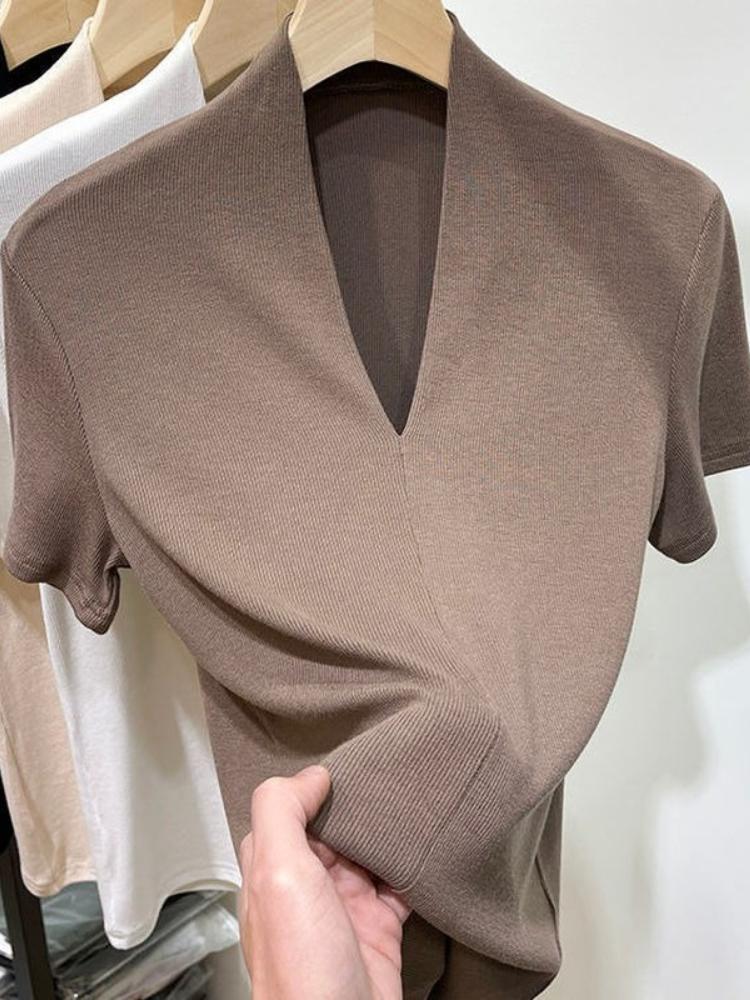 Knit Blouses and Shirts Summer Clothes for Women V Neck-Veeddydropshipping
