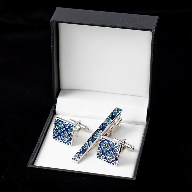French Shirt Cufflinks and Tie Clip Set Blue Wedding Christmas Gifts-JW01307-Veeddydropshipping