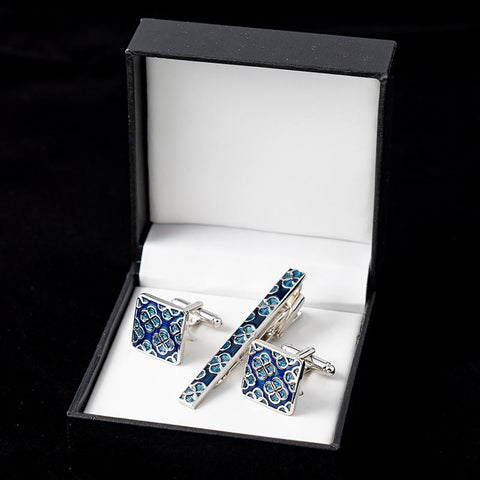 French Shirt Cufflinks and Tie Clip Set Blue Wedding Christmas Gifts-JW01307-Veeddydropshipping