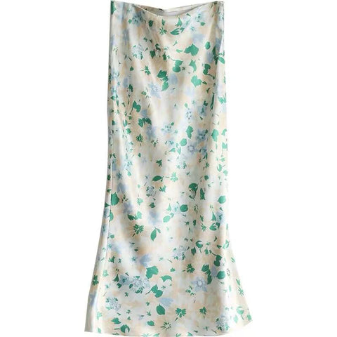 Women Print Satin Split Elegant Midi Skirt-WF00536-Veeddydropshipping