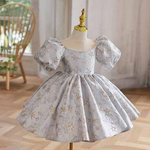 Baby Girl Princess Pearl Beading Satin Dress Puff Sleeve Child Vintage-TB00862-Veeddydropshipping