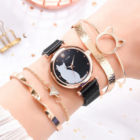 Fashion Watch Set 5pcs Quartz Wristwatch Mesh Bracelet Cat-JW00930-Veeddydropshipping