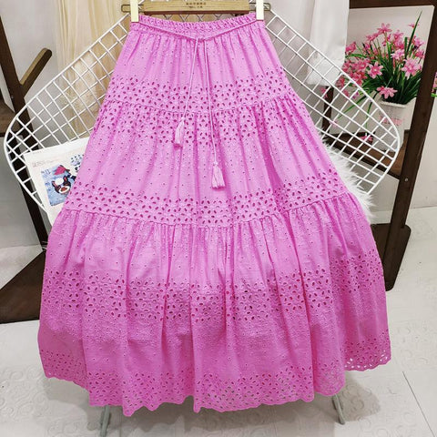 Women Hollow Out Long Skirt A-line Long Skirt-WF00508-Veeddydropshipping