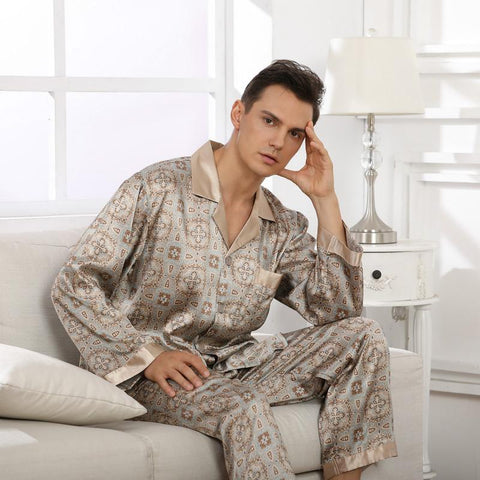 Euro/US Size Long Sleeve Pajamas Sleeping Suit Housewear Silk Pajamas for-MF01594-Veeddydropshipping
