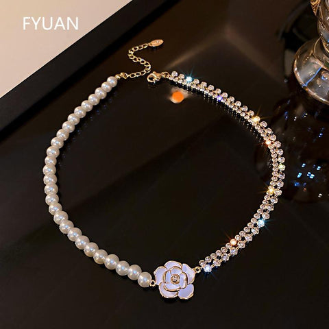 White Flower Crystal Choker Necklaces for Women Pearl -JW01347--Veeddydropshipping