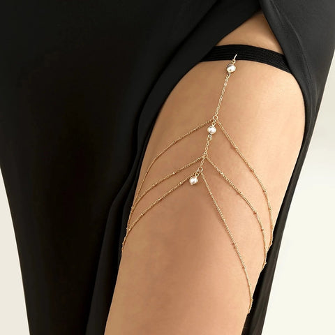 Tassel Pearl Simple Elastic Thigh Chain Beach  Body Jewelry -JW00177-Veeddydropshipping
