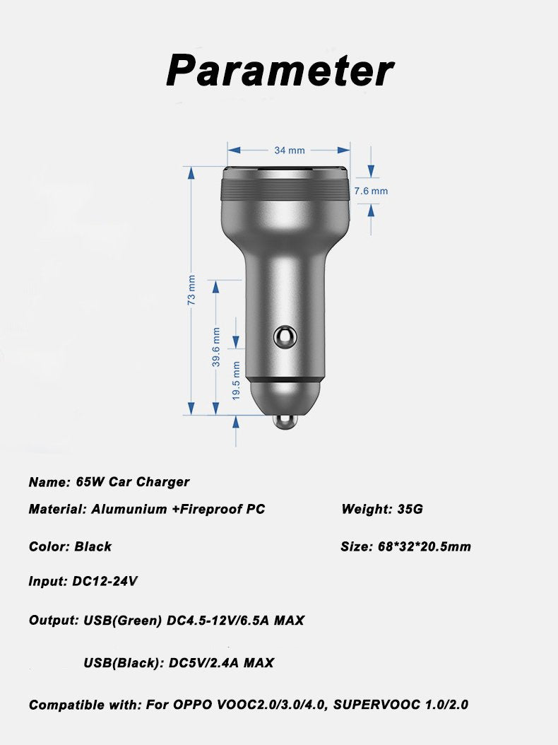 65W 2.0 Car Charger Fast Car Charging Type-C Cable-Veeddydropshipping